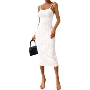 PRETTYGARDEN Summer Dresses for Women Sleeveless Bodycon Dress Textured Back Slit Sexy Cocktail Party Beach Vacation Clothes(White)