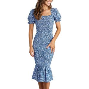 PRETTYGARDEN Summer Floral Bodycon Midi Dresses 2026 Puff Sleeve Mermaid Cocktail Baby Shower Photoshoot Maternity Dress(Blue)