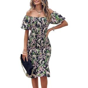 PRETTYGARDEN Summer Floral Bodycon Midi Dresses 2026 Puff Sleeve Mermaid Cocktail Baby Shower Photoshoot Maternity Dress(Floral Black Green Red)