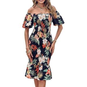 PRETTYGARDEN Summer Floral Bodycon Midi Dresses 2026 Puff Sleeve Mermaid Cocktail Baby Shower Photoshoot Maternity Dress(Floral Black Red)