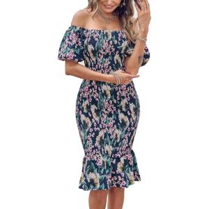 PRETTYGARDEN Summer Floral Bodycon Midi Dresses 2026 Puff Sleeve Mermaid Cocktail Baby Shower Photoshoot Maternity Dress(Floral Blue Green Red)