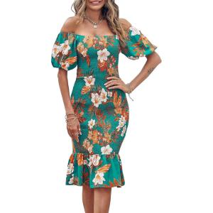 PRETTYGARDEN Summer Floral Bodycon Midi Dresses 2026 Puff Sleeve Mermaid Cocktail Baby Shower Photoshoot Maternity Dress(Floral Green Orange)
