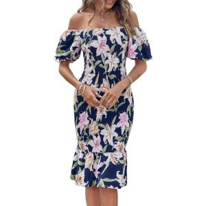PRETTYGARDEN Summer Floral Bodycon Midi Dresses 2026 Puff Sleeve Mermaid Cocktail Baby Shower Photoshoot Maternity Dress(Floral Navy White)