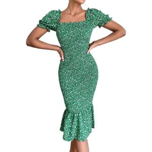 PRETTYGARDEN Summer Floral Bodycon Midi Dresses 2026 Puff Sleeve Mermaid Cocktail Baby Shower Photoshoot Maternity Dress(Green)