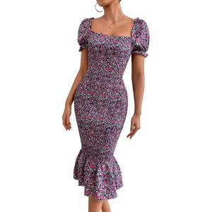 PRETTYGARDEN Summer Floral Bodycon Midi Dresses 2026 Puff Sleeve Mermaid Cocktail Baby Shower Photoshoot Maternity Dress(Purple)