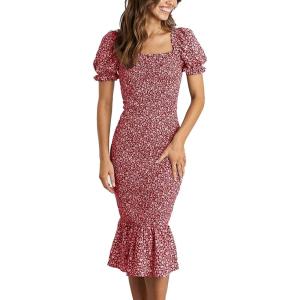 PRETTYGARDEN Summer Floral Bodycon Midi Dresses 2026 Puff Sleeve Mermaid Cocktail Baby Shower Photoshoot Maternity Dress(Red)