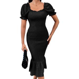 PRETTYGARDEN Summer Floral Bodycon Midi Dresses 2026 Puff Sleeve Mermaid Cocktail Baby Shower Photoshoot Maternity Dress(Solid Black)