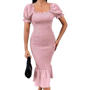 PRETTYGARDEN Summer Floral Bodycon Midi Dresses 2026 Puff Sleeve Mermaid Cocktail Baby Shower Photoshoot Maternity Dress(Solid Pink)