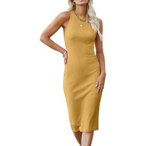 PRETTYGARDEN Women Bodycon Midi Dress 2026 Summer Spring Casual Vacation Sundress Fitted Sleeveless Tank Dresses(Yellow)