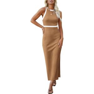 PRETTYGARDEN Women Bodycon Midi Dress 2026 Summer Spring Casual Vacation Sundress Fitted Sleeveless Tank Dresses(Z_khaki)