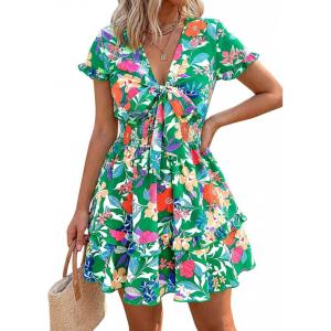 PRETTYGARDEN Women Summer Short Dress 2026 Casual V Neck Short Sleeve Tiered Bow Mini Sun Dresses Beach Vacation Sundress(Floral Green Orange)