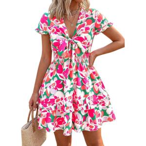 PRETTYGARDEN Women Summer Short Dress 2026 Casual V Neck Short Sleeve Tiered Bow Mini Sun Dresses Beach Vacation Sundress(Floral Green Pink)