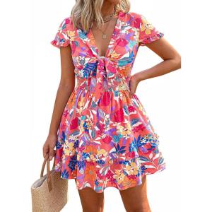 PRETTYGARDEN Women Summer Short Dress 2026 Casual V Neck Short Sleeve Tiered Bow Mini Sun Dresses Beach Vacation Sundress(Floral Pink Orange)