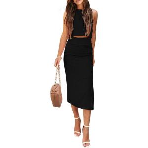 PRETTYGARDEN Women’s 2 Piece Summer Outfits Crewneck Tank Tops Split Bodycon Midi Skirt Set(Black)