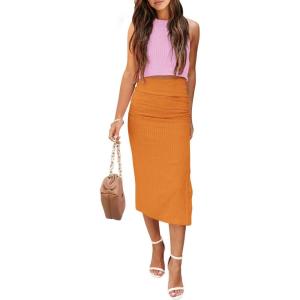 PRETTYGARDEN Women’s 2 Piece Summer Outfits Crewneck Tank Tops Split Bodycon Midi Skirt Set(Light Pink_bright Yellow)