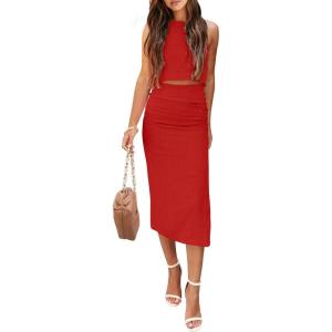 PRETTYGARDEN Women’s 2 Piece Summer Outfits Crewneck Tank Tops Split Bodycon Midi Skirt Set(Red)