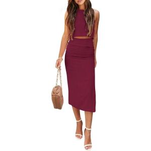 PRETTYGARDEN Women’s 2 Piece Summer Outfits Crewneck Tank Tops Split Bodycon Midi Skirt Set(Wine Red)