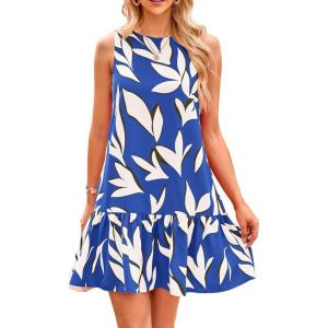 PRETTYGARDEN Women’s 2025 Summer Boho Floral Mini Dress Sleeveless Backless Short Wedding Guest Beach Vacation Sundresses(Floral Blue Beige)