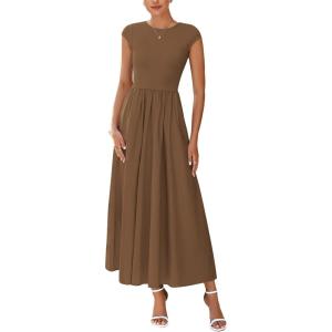 PRETTYGARDEN Women’s 2025 Summer Casual Long Dresses Cap Sleeve Patchwork A Line Flowy Modest Elegant Homecoming Maxi Dress(Dark Coffee)