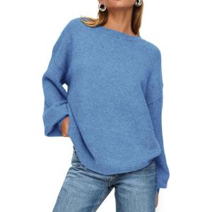 PRETTYGARDEN Women’s 2026 Fall Sweaters Casual Crew Neck Long Sleeve Pullover Tops Ribbed Knit Loose Fit Winter Clothes(Blue)