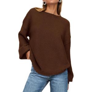 PRETTYGARDEN Women’s 2026 Fall Sweaters Casual Crew Neck Long Sleeve Pullover Tops Ribbed Knit Loose Fit Winter Clothes(Brown)