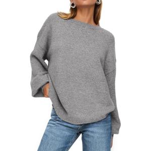 PRETTYGARDEN Women’s 2026 Fall Sweaters Casual Crew Neck Long Sleeve Pullover Tops Ribbed Knit Loose Fit Winter Clothes(Grey)