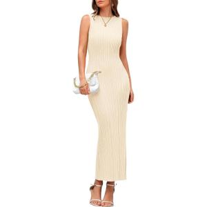 PRETTYGARDEN Women’s 2026 Summer Casual Maxi Dresses Ribbed Knit Sleeveless Bodycon Elegant Going Out Beach Vacation Clothes(Apricot)
