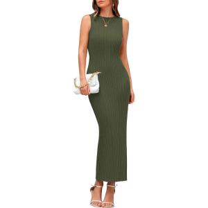 PRETTYGARDEN Women’s 2026 Summer Casual Maxi Dresses Ribbed Knit Sleeveless Bodycon Elegant Going Out Beach Vacation Clothes(Army Green)