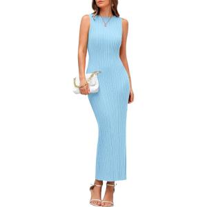 PRETTYGARDEN Women’s 2026 Summer Casual Maxi Dresses Ribbed Knit Sleeveless Bodycon Elegant Going Out Beach Vacation Clothes(Light Blue)