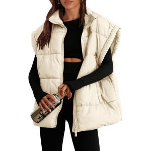 PRETTYGARDEN Women’s Puffer Vest Fall Casual Stand Collar Lightweight Sleeveless Zip Up Padded Jackets Outerwear(Beige)