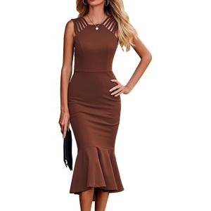 PRETTYGARDEN Women’s Sleeveless Midi Bodycon Formal Dress Ruffle Mermaid Hem Elegant Cocktail Wedding Guest Midi Dresses(Coffee)