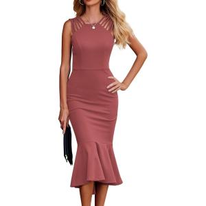 PRETTYGARDEN Women’s Sleeveless Midi Bodycon Formal Dress Ruffle Mermaid Hem Elegant Cocktail Wedding Guest Midi Dresses(Dark Pink)