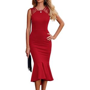 PRETTYGARDEN Women’s Sleeveless Midi Bodycon Formal Dress Ruffle Mermaid Hem Elegant Cocktail Wedding Guest Midi Dresses(Red)