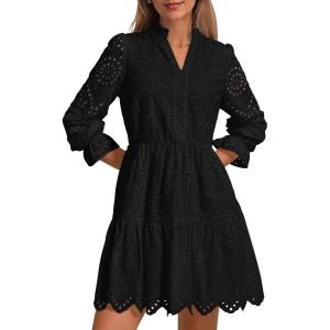 PRETTYGARDEN Women’s Spring 2025 Long Puff Sleeve Mini Dress Hollow Out Lace V Neck A Line Ruffle Casual Party Dresses(Black)