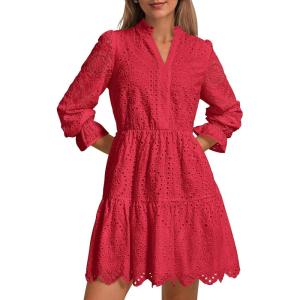 PRETTYGARDEN Women’s Spring 2025 Long Puff Sleeve Mini Dress Hollow Out Lace V Neck A Line Ruffle Casual Party Dresses(Red)