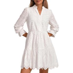 PRETTYGARDEN Women’s Spring 2025 Long Puff Sleeve Mini Dress Hollow Out Lace V Neck A Line Ruffle Casual Party Dresses(White)