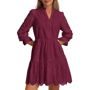 PRETTYGARDEN Women’s Spring 2025 Long Puff Sleeve Mini Dress Hollow Out Lace V Neck A Line Ruffle Casual Party Dresses(Wine Red)