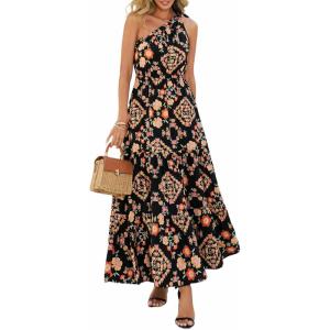 PRETTYGARDEN Women’s Summer Floral One Shoulder Maxi Dress Knot Ruffle Boho Beach Vacation Wedding Guest Long Sun Dresses(Black Multicolored Floral)