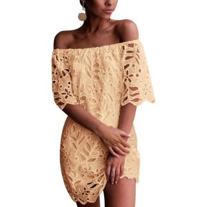 PRETTYGARDEN Women’s Summer Off Shoulder Dresses Floral Lace Flare Short Sleeve Spring Vintage Elegant Mini Dress(Apricot)