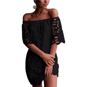 PRETTYGARDEN Women’s Summer Off Shoulder Dresses Floral Lace Flare Short Sleeve Spring Vintage Elegant Mini Dress(Black)