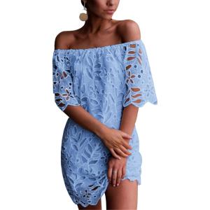 PRETTYGARDEN Women’s Summer Off Shoulder Dresses Floral Lace Flare Short Sleeve Spring Vintage Elegant Mini Dress(Blue)