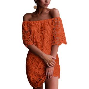 PRETTYGARDEN Women’s Summer Off Shoulder Dresses Floral Lace Flare Short Sleeve Spring Vintage Elegant Mini Dress(Brick Red)