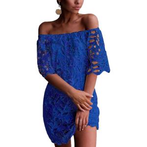 PRETTYGARDEN Women’s Summer Off Shoulder Dresses Floral Lace Flare Short Sleeve Spring Vintage Elegant Mini Dress(Dark Blue)