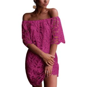 PRETTYGARDEN Women’s Summer Off Shoulder Dresses Floral Lace Flare Short Sleeve Spring Vintage Elegant Mini Dress(Dark Rose Red)