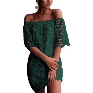 PRETTYGARDEN Women’s Summer Off Shoulder Dresses Floral Lace Flare Short Sleeve Spring Vintage Elegant Mini Dress(Green)