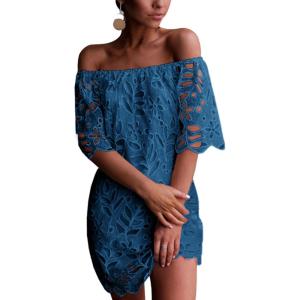 PRETTYGARDEN Women’s Summer Off Shoulder Dresses Floral Lace Flare Short Sleeve Spring Vintage Elegant Mini Dress(Lake Blue)