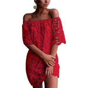 PRETTYGARDEN Women’s Summer Off Shoulder Dresses Floral Lace Flare Short Sleeve Spring Vintage Elegant Mini Dress(Red)