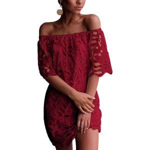 PRETTYGARDEN Women’s Summer Off Shoulder Dresses Floral Lace Flare Short Sleeve Spring Vintage Elegant Mini Dress(Wine Red)