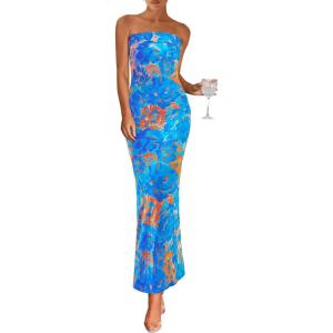 PRETTYGARDEN Womens Summer Printed Tube Maxi Dress Strapless Bodycon Sleeveless Long Beach Vacation Dresses(Floral Light Blue)