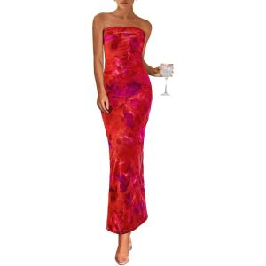 PRETTYGARDEN Womens Summer Printed Tube Maxi Dress Strapless Bodycon Sleeveless Long Beach Vacation Dresses(Floral Rust Red)